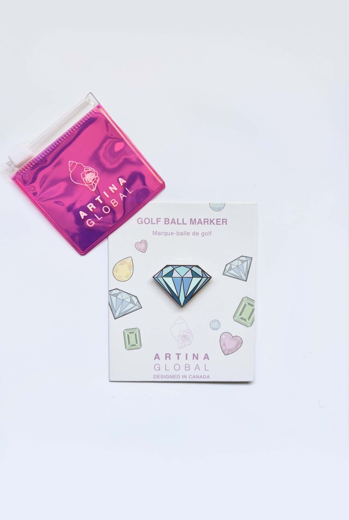 Artina Gem Golf Ball Marker Blue Diamond Cut with Zipper Pouch
