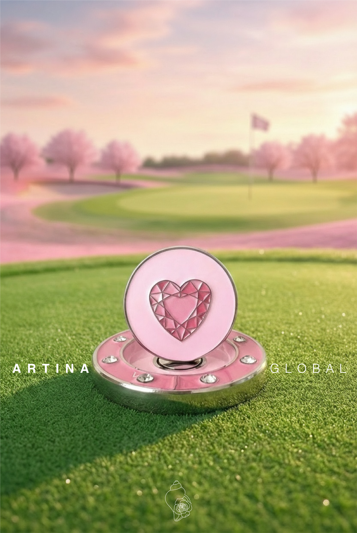 Golf Twin Ball Marker Pink Heart with Rhinestones