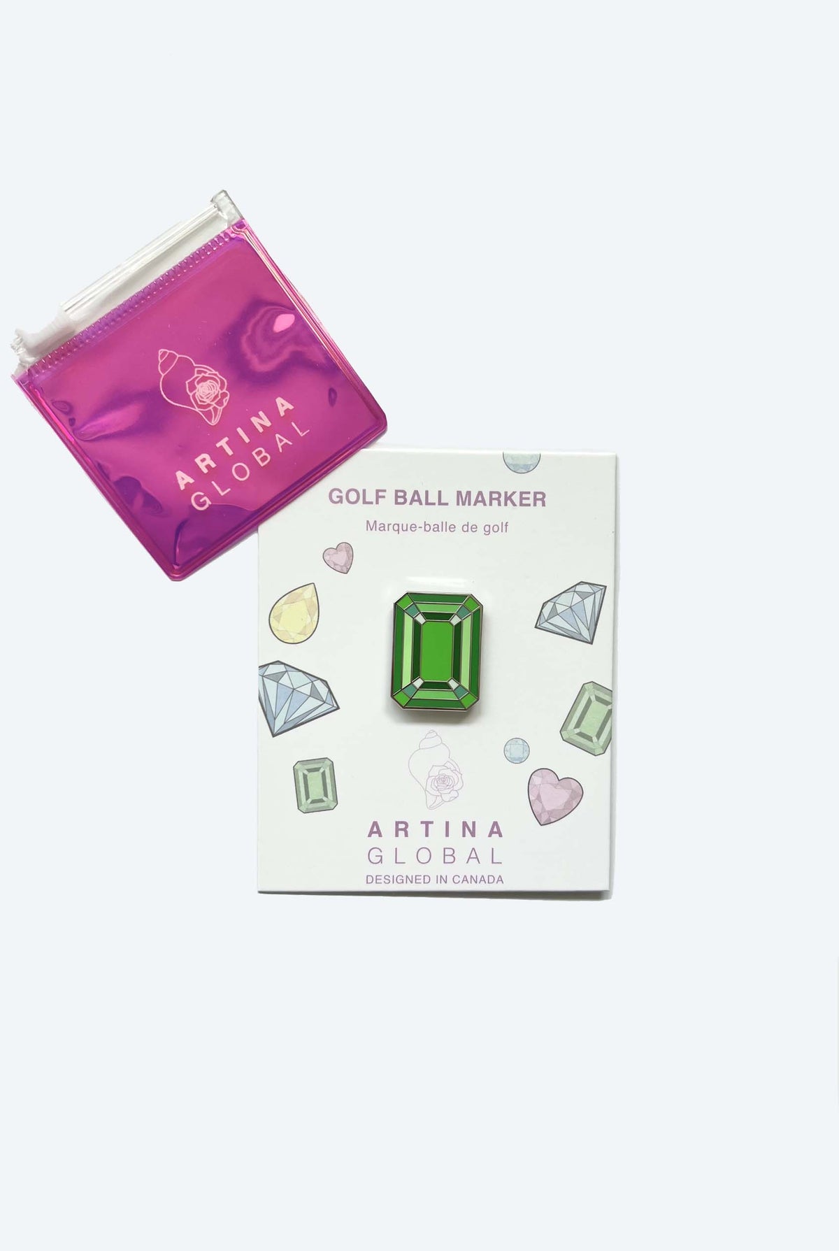 Artina Gem Golf Ball Marker Green Emerald Cut with Zipper Pouch