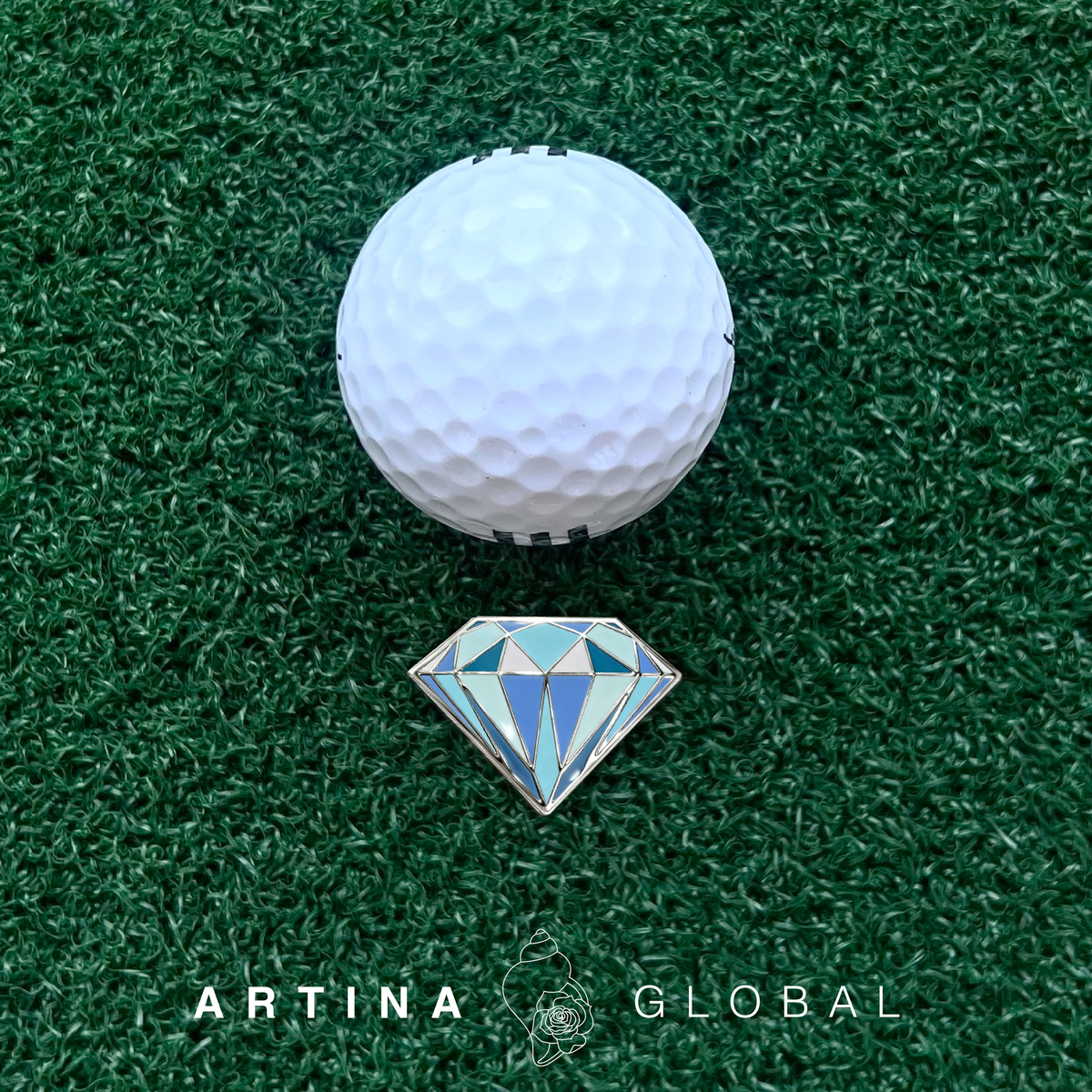 Artina Gem Golf Ball Marker Blue Diamond Cut with Zipper Pouch