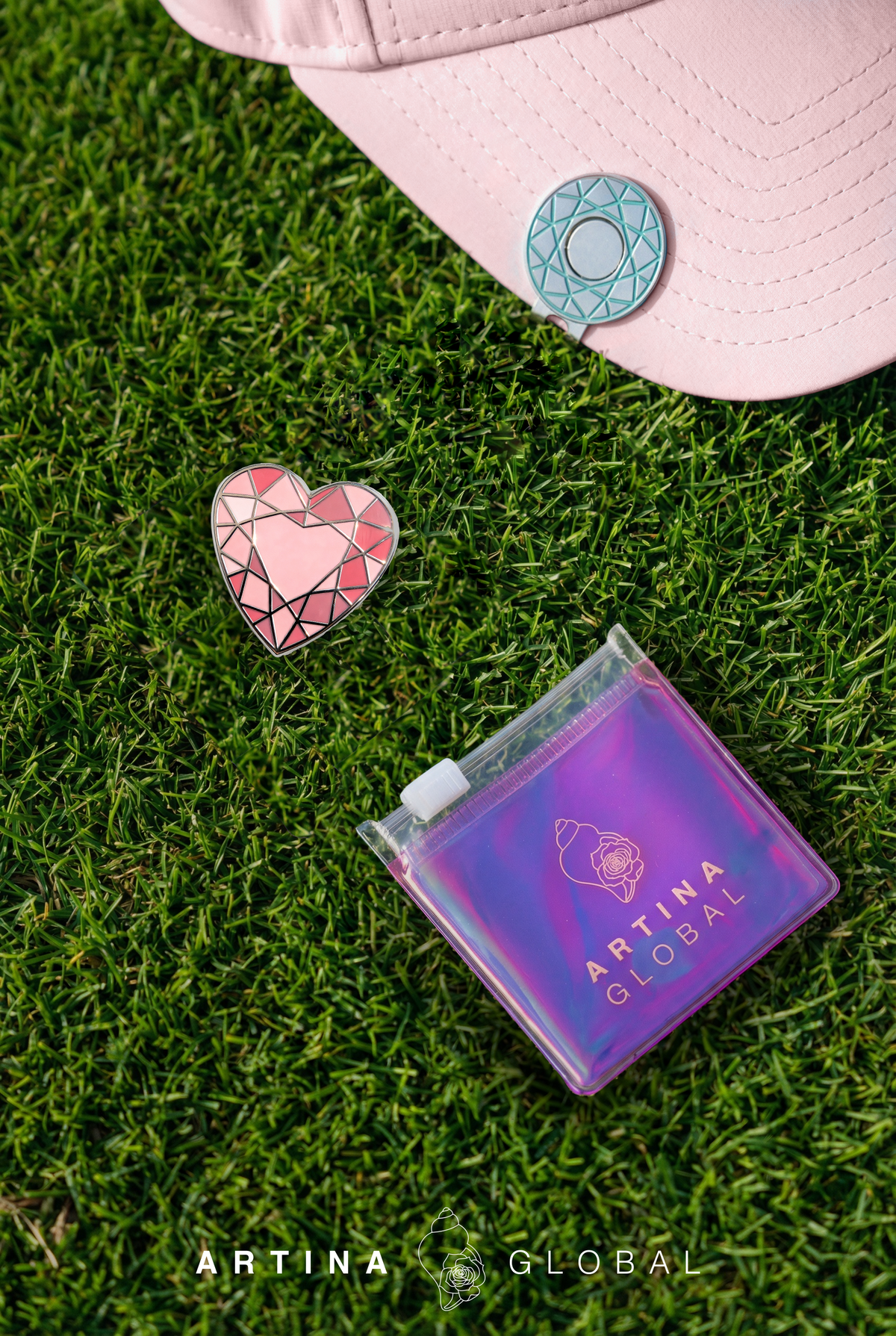 Artina Gem Unique Golf Ball Marker Pink Heart with Zipper Pouch