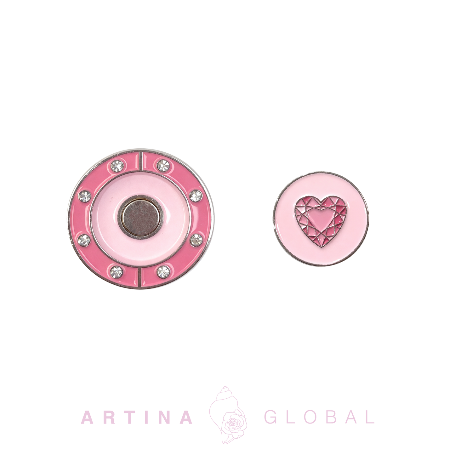 Golf Twin Ball Marker Pink Heart with Rhinestones