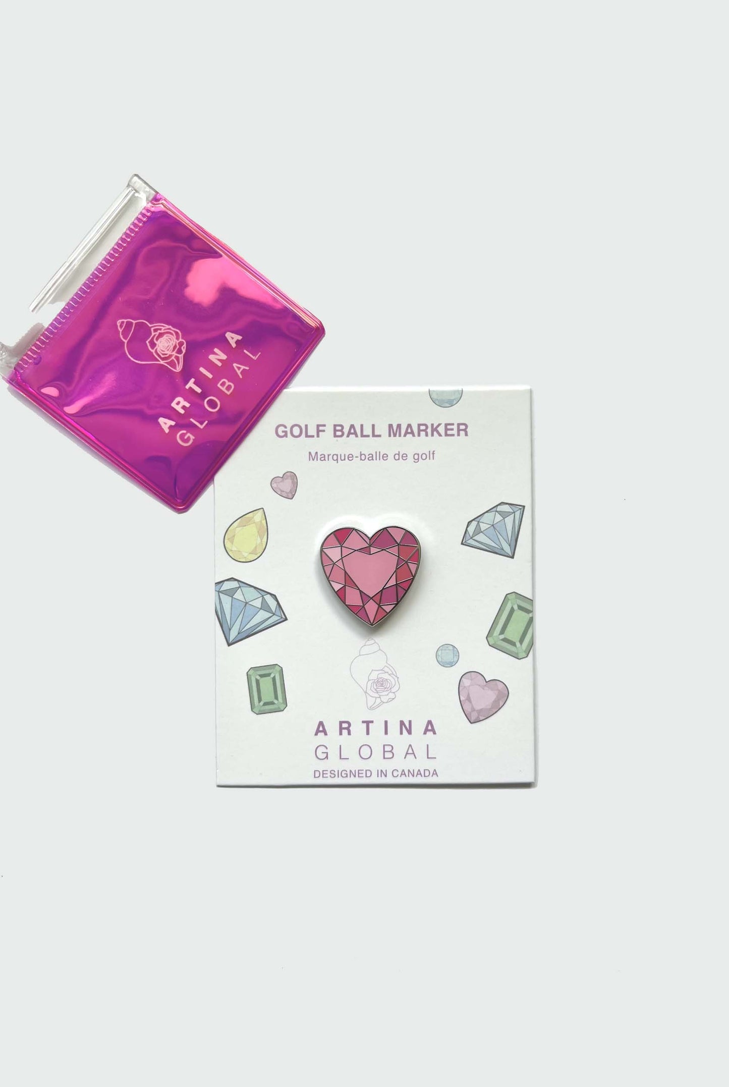 Artina Gem Unique Golf Ball Marker Pink Heart with Zipper Pouch